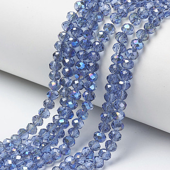 Electroplate Glass Beads Strands, Half Plated, Blue Plated, Faceted, Rondelle, Cornflower Blue, 3.5x3mm, Hole: 0.4mm, about 123~127pcs/strand, 13.7~14.1 inch(35~36cm)