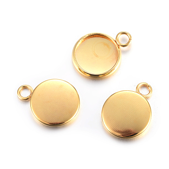 Rack Plating 304 Stainless Steel Pendant Cabochon Settings, Plain Edge Bezel Cups, Flat Round, Real 24K Gold Plated, Tray: 10mm, 15x12x2mm, Hole: 2.2mm