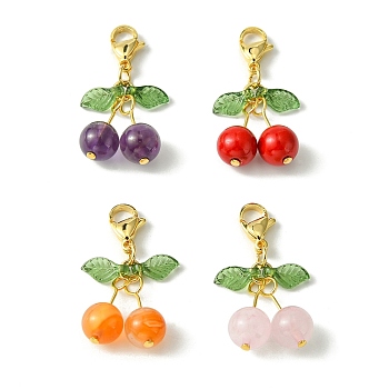 Cherry Natural Gemstone Pendant Decorations, with 304 Stainless Steel Lobster Claw Clasps, 33mm, 4pcs/set