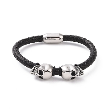304 Stainless Steel Skull Beaded Bracelet with Magnetic Clasps, Black Leather Braided Cord Punk Wristband for Men Women, Stainless Steel Color, 8-3/8 inch(21.3cm)