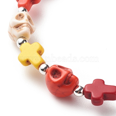 Synthetic Turquoise(Dyed) Cross & Skull Beaded Stretch Bracelet(BJEW-JB08452)-7