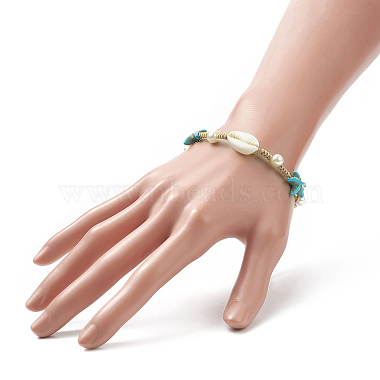 Synthetic Turquoise(Dyed) Starfish & Natural Shell & Glass Pearl Braided Bead Bracelet(X-BJEW-TA00218)-2