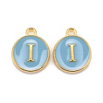 Golden Plated Alloy Enamel Charms, Cadmium Free & Lead Free, Enamelled Sequins, Flat Round with Letter, Sky Blue, Letter.I, 14x12x2mm, Hole: 1.5mm(X-ENAM-S118-04I)