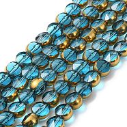 Half Plated Electroplate Transparent Glass Beads Strands, Antique Bronze Plated, Flat Round, Faceted, Deep Sky Blue, 6x5mm, Hole: 1.2mm, about 50pcs/strand, 11.22''(28.5cm)(EGLA-E060-02A-HP01)