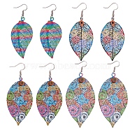 4 Pairs 4 Style Spray Painted Stainless Steel Holllow Leaf Dangle Earrings, with Iron Earring Pins, Mixed Color, 67~95mm, Pin: 0.7mm(EJEW-SZ0001-35)