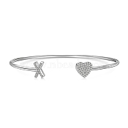 Heart & Letter Rhodium Plated 925 Sterling Silver Micro Pave Cubic Zirconia Cuff Bangles for Women, Letter X, 0.2~0.8cm, Inner Diameter: 1-7/8x2-1/4 inch(4.85x5.65cm) (BJEW-C062-01X-P)
