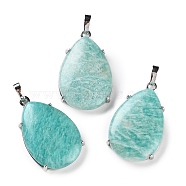 Natural Amazonite Pendants, Brass Teardrop Charms, Platinum, Cadmium Free & Lead Free, 28.5x18x5~6mm, Hole: 5x4mm(G-U002-01P-B)