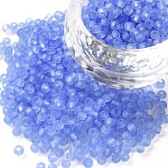 8/0 Glass Seed Beads, Frosted Colors, Round, Round Hole, Cornflower Blue, 8/0, 3mm, Hole: 1mm, about 1111pcs/50g, 50g/bag, 18bags/2pounds(SEED-US0003-3mm-M6)