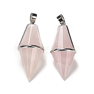 Natural Rose Quartz Pointed Pendants, Faceted Bicone Bullet Charms with Rack Plating Platinum Plated Brass Findings, Cadmium Free & Lead Free, 42.5~43x17~18mm, Hole: 4x5.5mm(G-F763-04P-06)