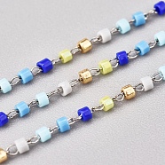 Handmade Glass Seed Beaded Chains, with Stainless Steel Cable Chains, Unwelded, with Spool, Stainless Steel Color, Sky Blue, 1~2x0.9~1.5mm, about 26.24 Feet(8m)/roll(CHS-G012-12P)