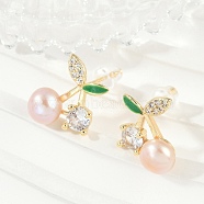 Cherry Brass Clear Cubic Zirconia Stud Earrings, with Imitation Pearl, Real 14K Gold Plated, 14.5x13mm(KK-D301-13G)