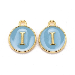 Golden Plated Alloy Enamel Charms, Cadmium Free & Lead Free, Enamelled Sequins, Flat Round with Letter, Sky Blue, Letter.I, 14x12x2mm, Hole: 1.5mm(X-ENAM-S118-04I)