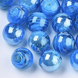 Handmade Lampwork Beads, Pearlized, Round, Deep Sky Blue, 14mm, Hole: 1.5mm(X-LAMP-S021-01)