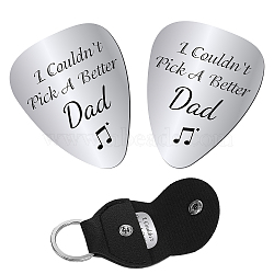 201 Stainless Steel Guitar Picks, with PU Leather Guitar Clip, Plectrum Guitar Accessories, for Father's Day, Word, Picks: 32x26x1mm, 2pcs, Clip: 115x47x1.3mm, Inner Diameter: 24mm, 1pc(AJEW-CN0001-48A)