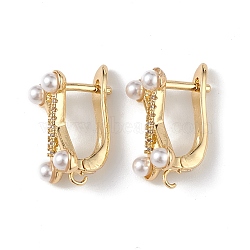 Brass Criss Cross Hoop Earring Findings, Latch Back with Clear Cubic Zirconia and Plastic Pearl Beaded, Lead Free & Cadmium Free, Real 18K Gold Plated, 19x12x9mm, Hole: 1.2mm, Pin: 1mm(ZIRC-L097-056G)