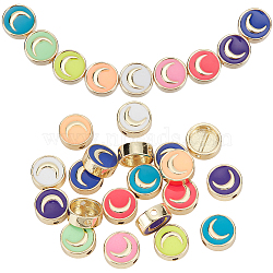 Elite Brass Enamel Beads, Real 18K Gold Plated, Flat Round with Moon Pattern, Mixed Color, 10x3.5mm, Hole: 1.6mm, 20pcs/box(KK-PH0009-05)