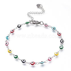 304 Stainless Steel Link Bracelets, with Enamel and Lobster Claw Clasps, Evil Eye, Stainless Steel Color, Colorful, 8-1/8 inch(20.5cm), Eye: 9x4.5x3mm(BJEW-M203-04P-C)