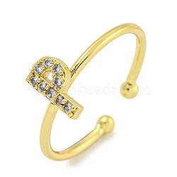 Rack Plating Brass Open Cuff Rings for Women, with Cubic Zirconia, Cadmium Free & Lead Free, Long-Lasting Plated, Letter, Letter P, Inner Diameter: 17.5mm, Letter: 8x4.5mm(RJEW-F162-02G-P)