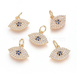Brass Micro Pave Cubic Zirconia Pendants, with Jump Ring, Long-Lasting Plated, Evil Eye, Clear & Blue, Real 18K Gold Plated, 10x13x2.5mm, Hole: 3.5mm(ZIRC-G166-18G)