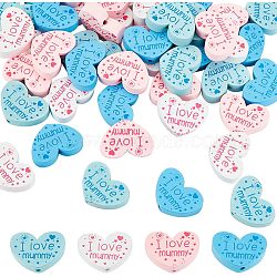 Olycraft 40Pcs 4 Colors Mother's Day Theme Printed Wood Beads, Heart with Word I Love Mummy, Mixed Color, 21.5~23x30x7.5~8mm, Hole: 2.7mm, 10pcs/color(WOOD-OC0002-56)