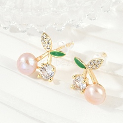 Cherry Brass Clear Cubic Zirconia Stud Earrings, with Imitation Pearl, Real 14K Gold Plated, 14.5x13mm(KK-D301-13G)