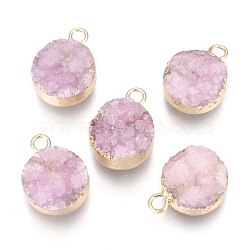 Natural Druzy Agate Pendants, with Real 18K Gold Plated Brass Finding, Long-Lasting Plated, Flat Round, Dyed, Pink, 18~20x14x5~10mm, Hole: 2~3mm(G-L566-A05)