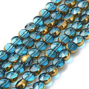Half Plated Electroplate Transparent Glass Beads Strands, Antique Bronze Plated, Flat Round, Faceted, Deep Sky Blue, 6x5mm, Hole: 1.2mm, about 50pcs/strand, 11.22''(28.5cm)