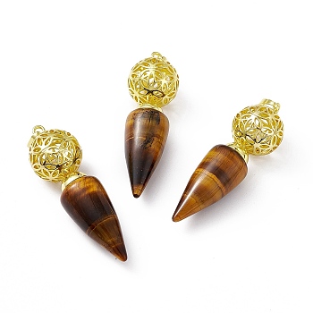Natural Tiger Eye Big Pendants, Cone Charms with Rack Plating Brass Hollow Ball, Golden, Cadmium Free & Lead Free, 57~58x17.5~18mm, Hole: 8x5mm