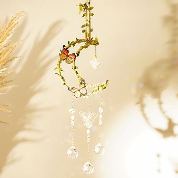 Natural Quartz Crystal Hanging Suncatcher Pendant Decoration, Moon with Butterfly Crystal Ceiling Chandelier Ball Prism Pendants, 450~480mm