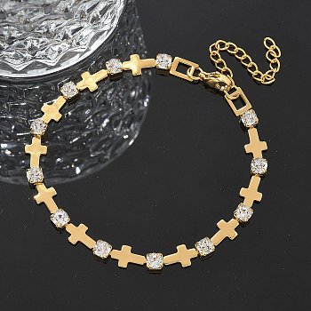 304 Stainless Steel Rhinestone Cup Chain Bracelets for Women, Cross, Ion Plating(IP), Golden, 7-1/2 inch(18.9cm)