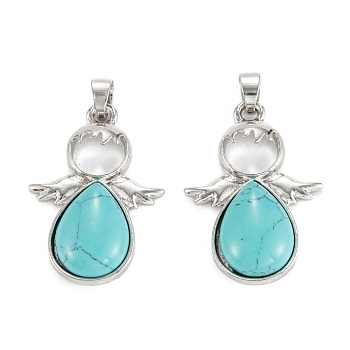 Synthetic Turquoise Pendants, with Platinum Tone Alloy Findings, Angel, 35x24.5x6mm, Hole: 6x5mm