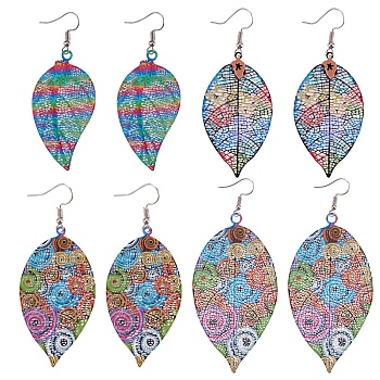 4 Pairs 4 Style Spray Painted Stainless Steel Holllow Leaf Dangle Earrings, with Iron Earring Pins, Mixed Color, 67~95mm, Pin: 0.7mm