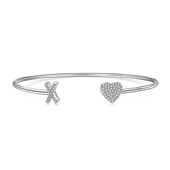 Heart & Letter Rhodium Plated 925 Sterling Silver Micro Pave Cubic Zirconia Cuff Bangles for Women, Letter X, 0.2~0.8cm, Inner Diameter: 1-7/8x2-1/4 inch(4.85x5.65cm) 