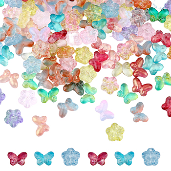 160Pcs 16 Style Transparent Baking Paint Glass Beads, Butterfly & Plum Blossom, Mixed Color, 10~12.5x13~14.5x4.5~5.5mm, Hole: 1~1.2mm, 10Pcs/style