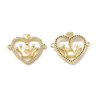 Brass Micro Pave Clear Cubic Zirconia Connector Charms, Heart Links with Crown, Real 18K Gold Plated, 18.5x22.5x3mm, Hole: 1.2mm