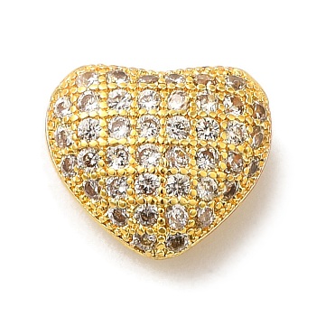 Brass Micro Pave Cubic Zirconia Beads, Long-Lasting Plated, Cadmium Free & Lead Free, Heart, Golden, 10x11x5.5mm, Hole: 1.6mm