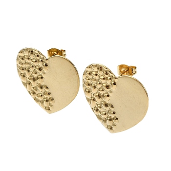 Ion Plating(IP) 201 Stainless Steel Stud Earrings, with 304 Stainless Steel Pins, Textured Heart, Real 18K Gold Plated, 22x23mm