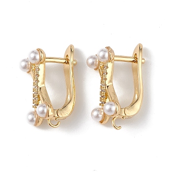Brass Criss Cross Hoop Earring Findings, Latch Back with Clear Cubic Zirconia and Plastic Pearl Beaded, Lead Free & Cadmium Free, Real 18K Gold Plated, 19x12x9mm, Hole: 1.2mm, Pin: 1mm
