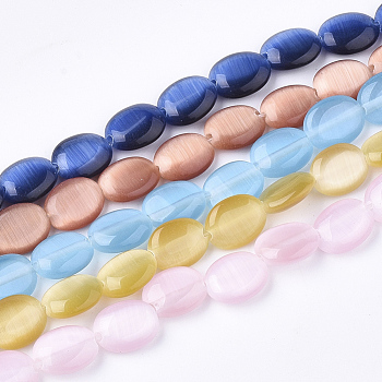 Cat Eye Beads Strands, Oval, Mixed Color, 9~10x7.5~8x3.5mm, Hole: 1mm, about 40pcs/strand, 14.5 inch
