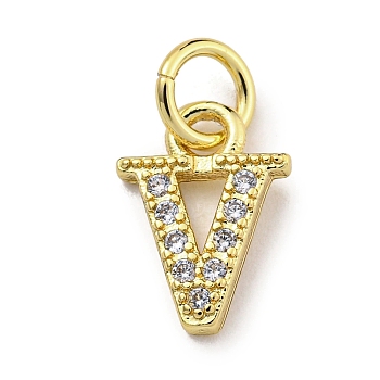 Initial Letter Brass with Cubic Zirconia Charms, Real 18K Gold Plated, Long-Lasting Plated, Lead Free & Cadmium Free, Letter V, 10.5x7x1.5mm, ring: 5x1mm, inner diameter: 3mm
