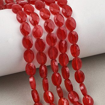 Natural Dyed White Jade Beads Strands, Faceted, Flat Oval, Red, 8x6x3.5mm, Hole: 0.5mm, about 46pcs/strand, 14.96''(38cm)