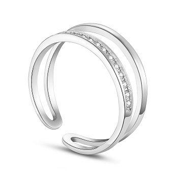 SHEGRACE Charming Micro Pave AAA Cubic Zirconia Rhodium Plated 925 Sterling Silver Cuff Rings, Open Rings, Double Bands, Platinum, 17mm