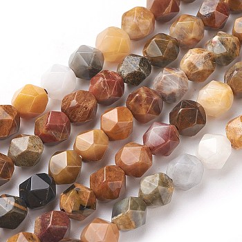 Natural Petrified Wood Beads Strands, Star Cut Round Beads, Faceted, Sandy Brown, 7~8mm, Hole: 1mm, about 47~48pcs/strand, 14.5 inch~15 inch(37~38cm)