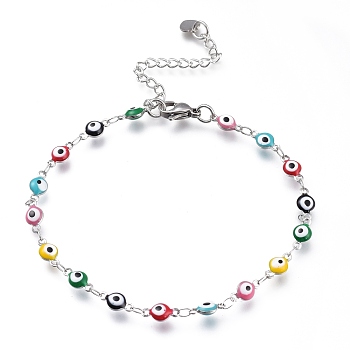 304 Stainless Steel Link Bracelets, with Enamel and Lobster Claw Clasps, Evil Eye, Stainless Steel Color, Colorful, 8-1/8 inch(20.5cm), Eye: 9x4.5x3mm