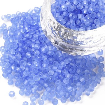 8/0 Glass Seed Beads, Frosted Colors, Round, Round Hole, Cornflower Blue, 8/0, 3mm, Hole: 1mm, about 1111pcs/50g, 50g/bag, 18bags/2pounds