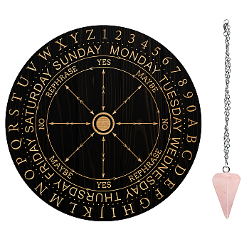 AHADEMAKER 1Pc Cone/Spike/Pendulum Natural Rose Quartz Stone Pendants, 1Pc 304 Stainless Steel Cable Chain Necklaces, 1Pc PVC Custom Pendulum Board, Dowsing Divination Board, Times, Board: 200x4mm