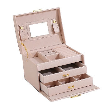 3-Layer Imitation Leather Jewelry Drawer Organizer Box with Handle and Mirror Inside, for Necklaces, Rings, Earrings and Pendants, Rectangle, Pink, 18x14x13cm