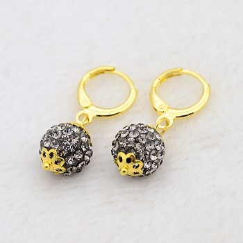 Dangling Round Ball Resin Rhinestone Earrings, with Golden Plated Brass Leverback Hoop Earring Settings, Black Diamond, 30mm, Pin: 1mm