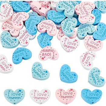 Olycraft 40Pcs 4 Colors Mother's Day Theme Printed Wood Beads, Heart with Word I Love Mummy, Mixed Color, 21.5~23x30x7.5~8mm, Hole: 2.7mm, 10pcs/color
