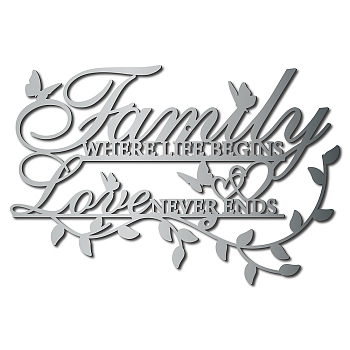 Iron Hanging Decors, Metal Art Wall Decoration, Word Family Where Life Begins Never Ends, for Living Room, Home, Office, Garden, Kitchen, with Wall Anchor & Screw, Silver Color Plated, 200x300x1.8mm